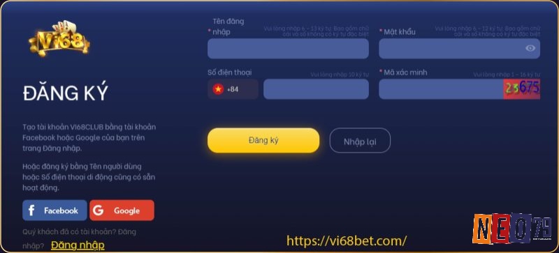 Chọn điền đúng thông tin đăng nhập Vi68 để hoàn tất