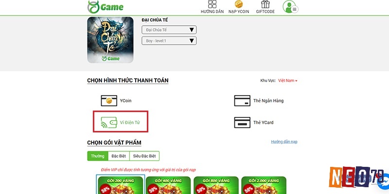 Màn hình chọn server, nhân vật và gói nạp trong Đại Chúa Tể