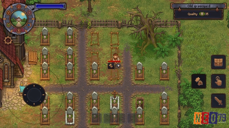 Graveyard Keeper cho người chơi quản lý nghĩa trang, xử lý thi thể và xây dựng mộ bia với lối chơi hài hước đen và cơ chế quản lý giống game nông trại