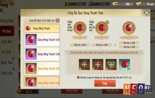 Hệ thống Khí Linh trong Thiên Lông Bát Bộ game mobile giúp người chơi nâng cấp trang bị và tăng lực chiến