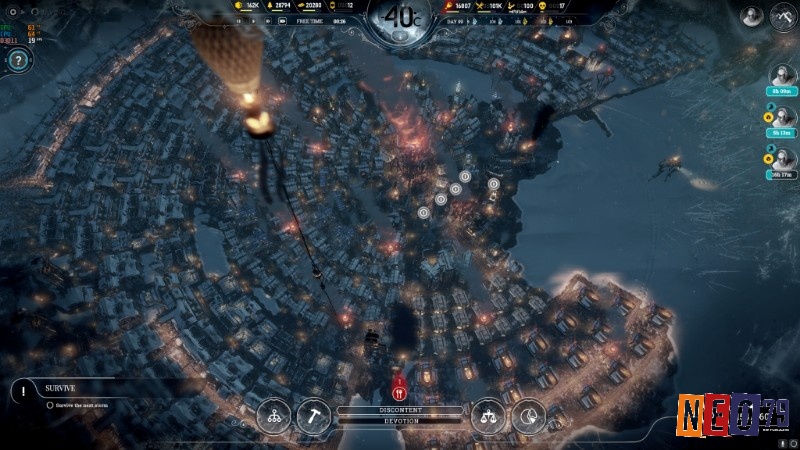 Các chế độ trong game Frostpunk như Endless Mode với mục tiêu và điều kiện khác nhau.