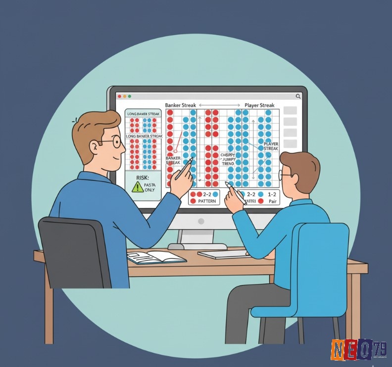 Người chơi Baccarat phân tích Big Road để nhận diện các chuỗi kết quả như "cầu bệt", "cầu nhảy" và các mẫu hình lặp lại