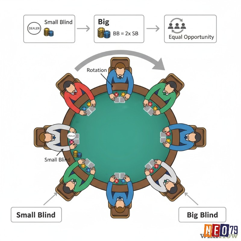 Người chơi poker hiểu hệ thống Small Blind và Big Blind luân phiên để phân phối chi phí và cơ hội