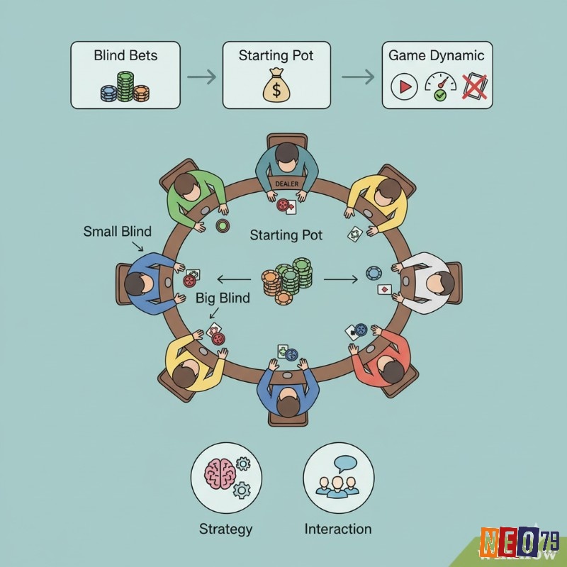 Người chơi poker đặt cược mù để tạo động lực và pot ban đầu, thúc đẩy hành động trong trò chơi