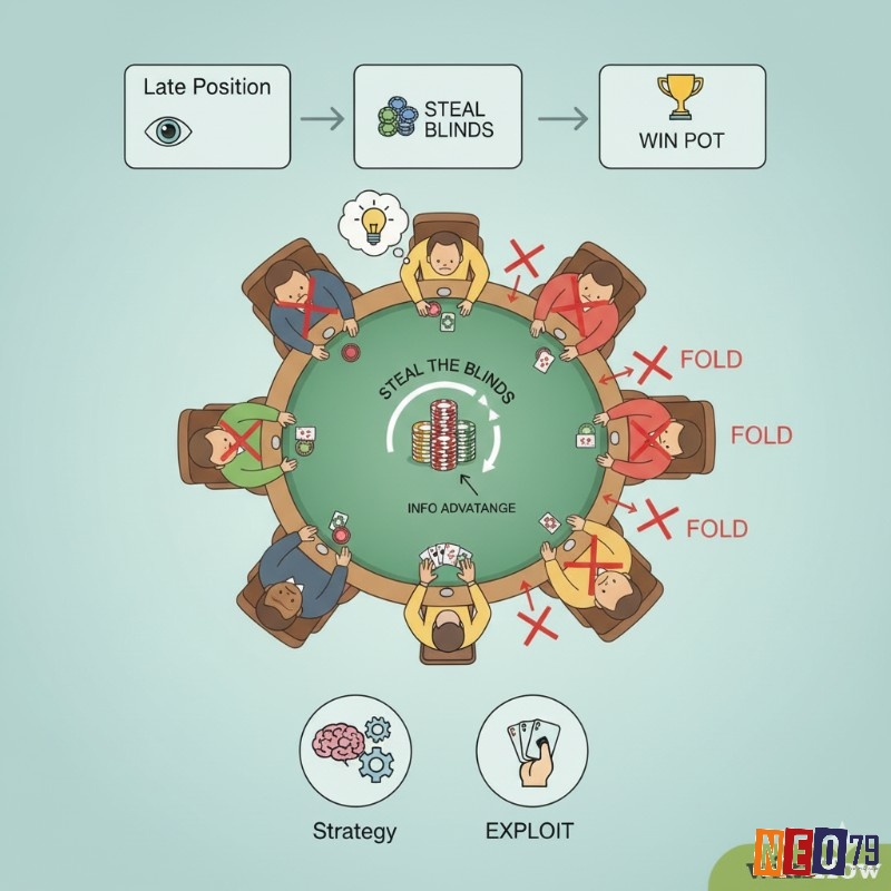 Người chơi poker ở vị trí cuối khai thác blind của đối thủ bằng chiến thuật steal the blinds