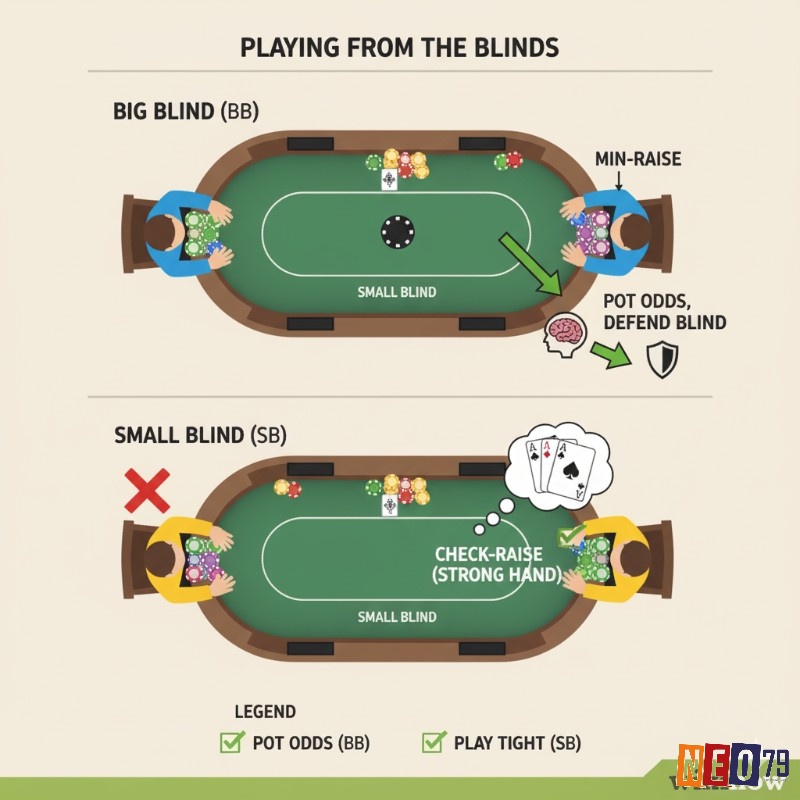 Người chơi poker phân tích chiến thuật khi ở vị trí Small Blind và Big Blind, tận dụng pot odds và bảo vệ blind