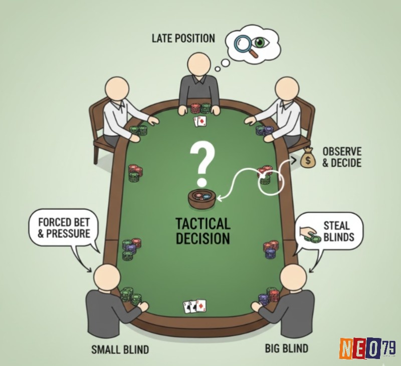Người chơi poker ở vị trí late position tận dụng blind để steal blinds, ảnh hưởng chiến thuật và quyết định