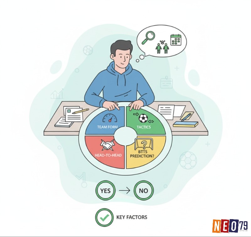 Người cá cược phân tích các yếu tố như phong độ, chiến thuật, và lịch sử đối đầu để dự đoán kèo BTTS