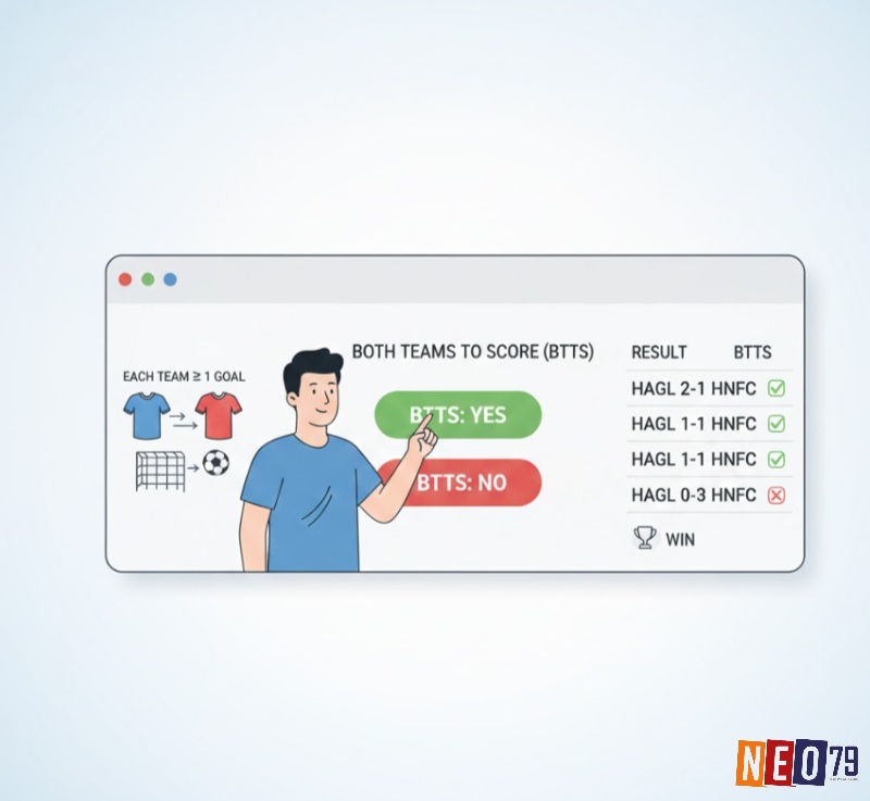 Người chơi cá cược bóng đá hiểu khái niệm "Cả hai đội ghi bàn (BTTS) là gì?" qua các ví dụ minh họa trên bảng tỷ số