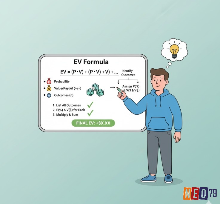 Người chơi giải thích công thức EV bằng cách xác định các kết quả, xác suất và giá trị để tính toán