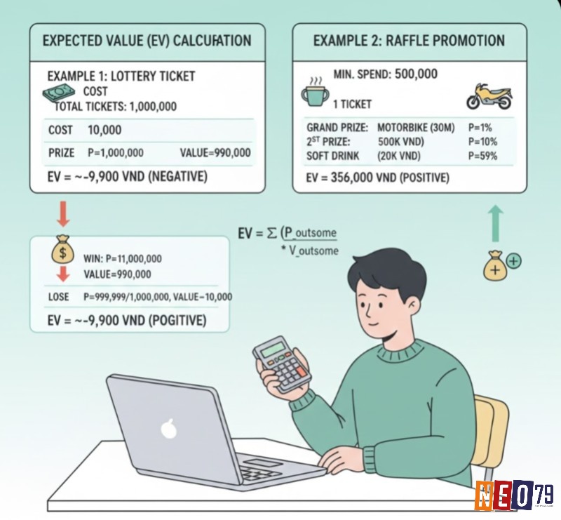 Người chơi áp dụng công thức EV vào ví dụ mua vé số và khuyến mãi để phân tích giá trị kỳ vọng