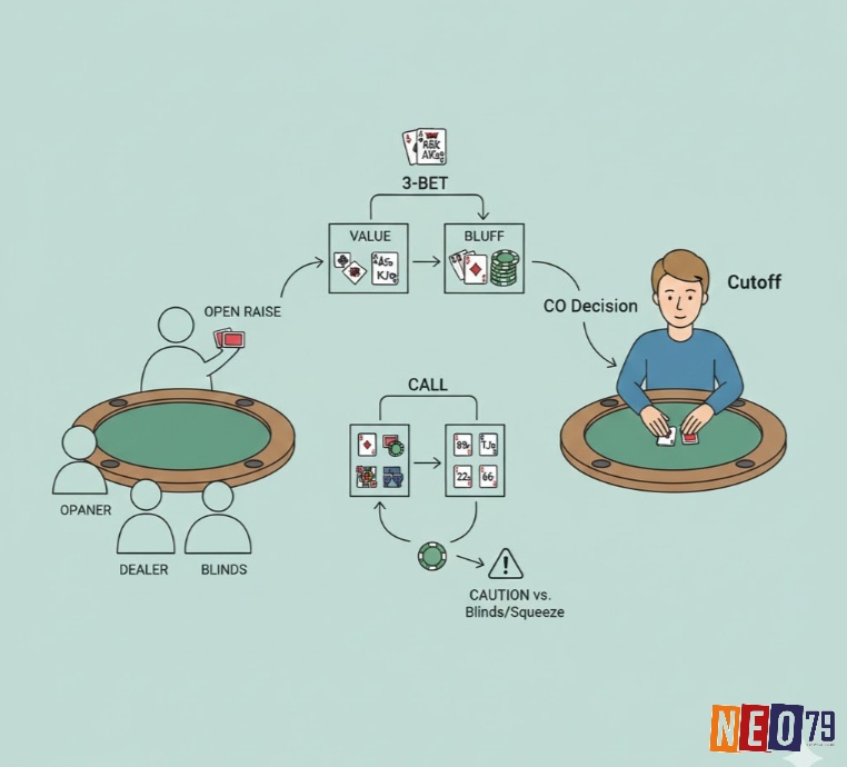 Người chơi poker ở vị trí Cutoff cân nhắc 3-bet hoặc call dựa trên sức mạnh bài và vị trí