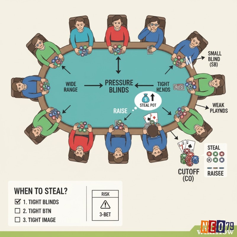 Người chơi poker ở vị trí Cutoff thực hiện chiến thuật cướp blind bằng cách raise, gây áp lực lên đối thủ