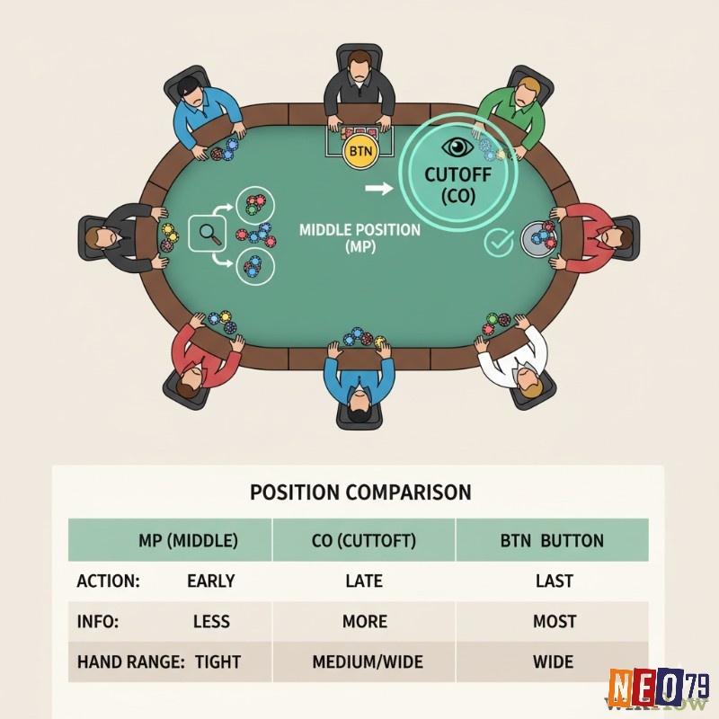 Người chơi poker so sánh vị trí Cutoff với các vị trí khác (BTN, MP) để điều chỉnh chiến thuật phù hợp