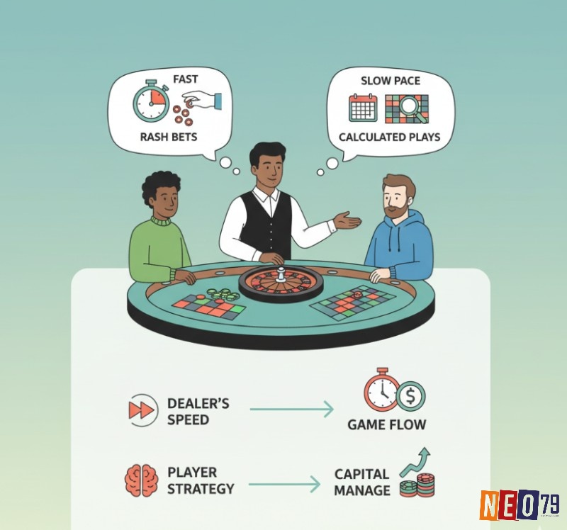 Dealer roulette kiểm soát nhịp độ bàn chơi, ảnh hưởng đến thời gian đặt cược và quyết định chiến thuật của người chơi