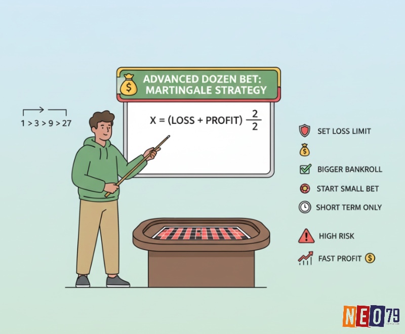 Người chơi roulette phân tích chiến thuật Martingale cải tiến cho Dozen Bet, nhấn mạnh quản lý vốn và rủi ro