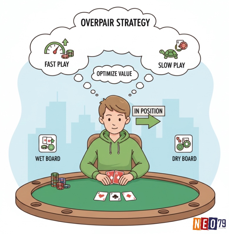 Người chơi poker ở vị trí tốt quyết định chiến lược overpair: đánh nhanh hoặc đánh chậm, tối ưu giá trị