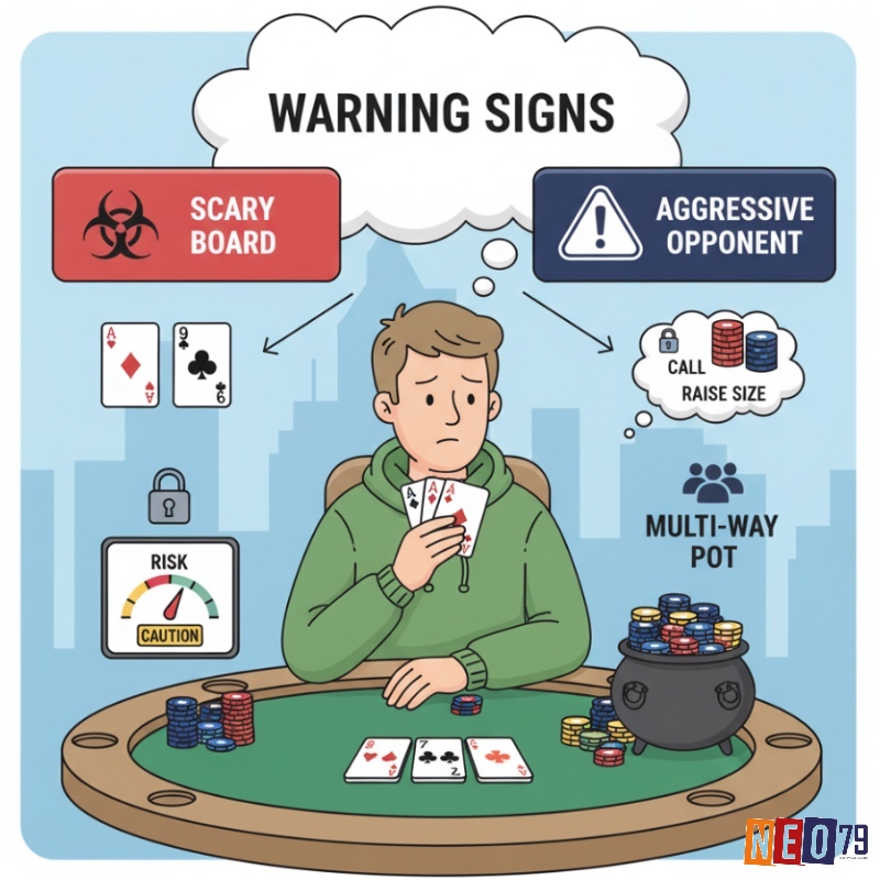 Người chơi poker nhận diện dấu hiệu cảnh báo (mặt bàn nguy hiểm, đối thủ hung hãn) để cẩn trọng với overpair