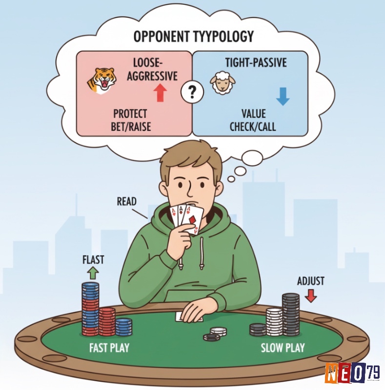 Người chơi poker thường đánh giá loại đối thủ (Loose-Aggressive, Tight-Passive) để linh hoạt điều chỉnh chiến thuật khi cầm overpair