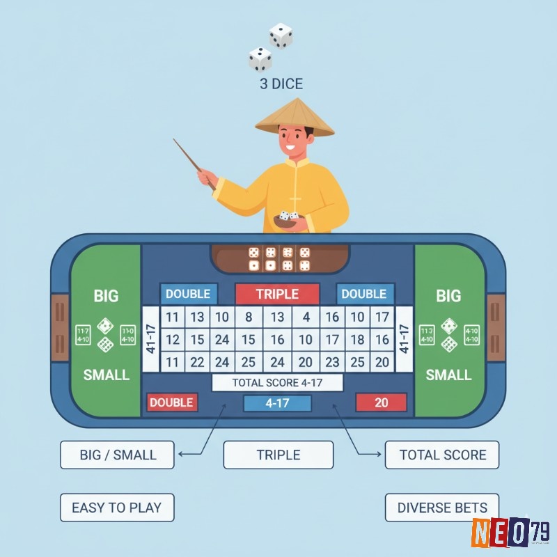 Người chơi Sic Bo lựa chọn các cửa cược khác nhau như Tài/Xỉu, Lẻ/Chẵn, cược tổng điểm hoặc cược đôi/ba