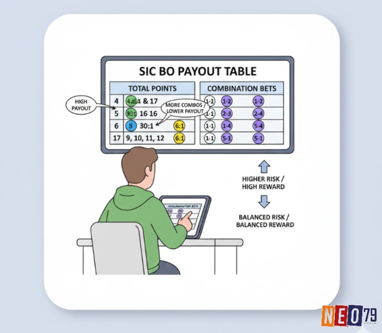 Người chơi Sic Bo xem bảng payout các cửa cược tổng điểm và kết hợp để chọn lựa rủi ro và lợi nhuận phù hợp