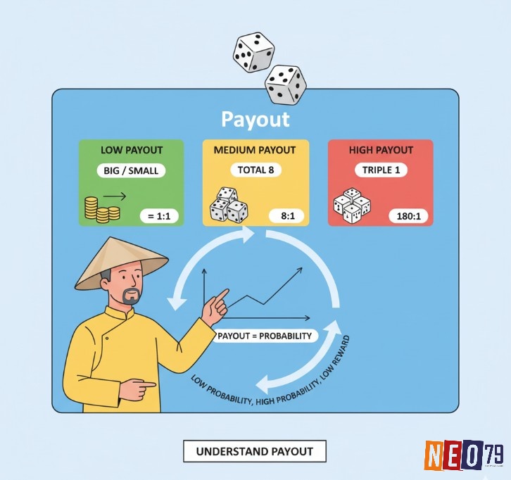 Người chơi hiểu payout trong Sic Bo là tỷ lệ trả thưởng, được tính dựa trên xác suất thắng