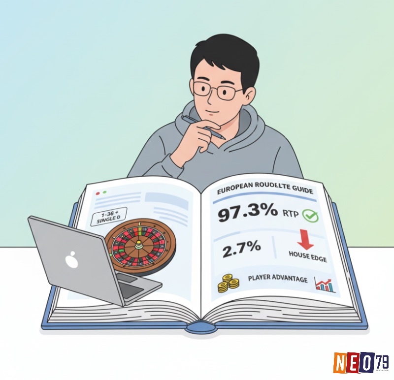 Người chơi đang tìm hiểu về roulette châu Âu với chỉ số RTP 97.3% và lợi thế nhà cái 2.7%