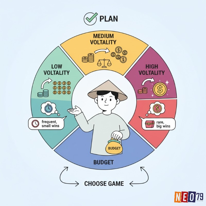 Người chơi slot cân nhắc giữa các mức độ volatility (phương sai) thấp, trung bình và cao để chọn game phù hợp