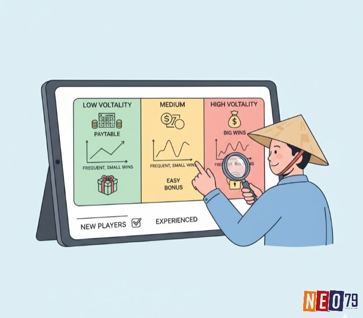 Người chơi slot nhận diện game volatility thấp qua bảng trả thưởng, tần suất thắng và tính năng bonus