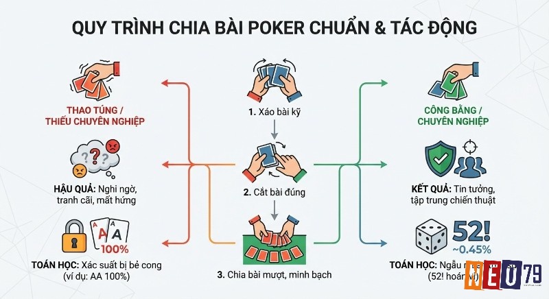 Sơ đồ cách chia bài poker tiêu chuẩn được xây dựng nhằm đảm bảo tính công bằng, minh bạch và sự ngẫu nhiên tuyệt đối, dựa trên 52! khả năng hoán vị của bộ bài