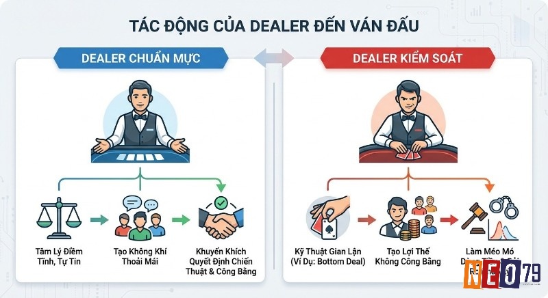 Bảng so sánh tâm lý dealer chuẩn mực tạo công bằng và dealer kiểm soát gian lận gây lợi thế không công bằng, rủi ro pháp lý