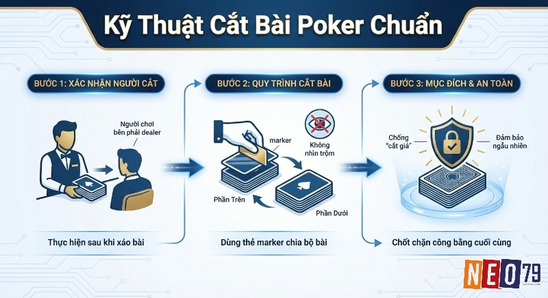 Quy trình 3 bước kỹ thuật cắt bài Poker chuẩn: xác nhận người cắt, thực hiện thao tác, đảm bảo ngẫu nhiên và an toàn chống cắt giả