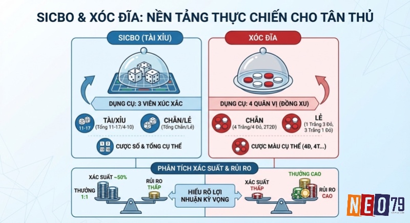 Bảng so sánh luật chơi và cửa cược Sicbo (Tài Xỉu), Xóc Đĩa, kèm phân tích xác suất, rủi ro giúp tân thủ trong cách chơi Sicbo xóc đĩa