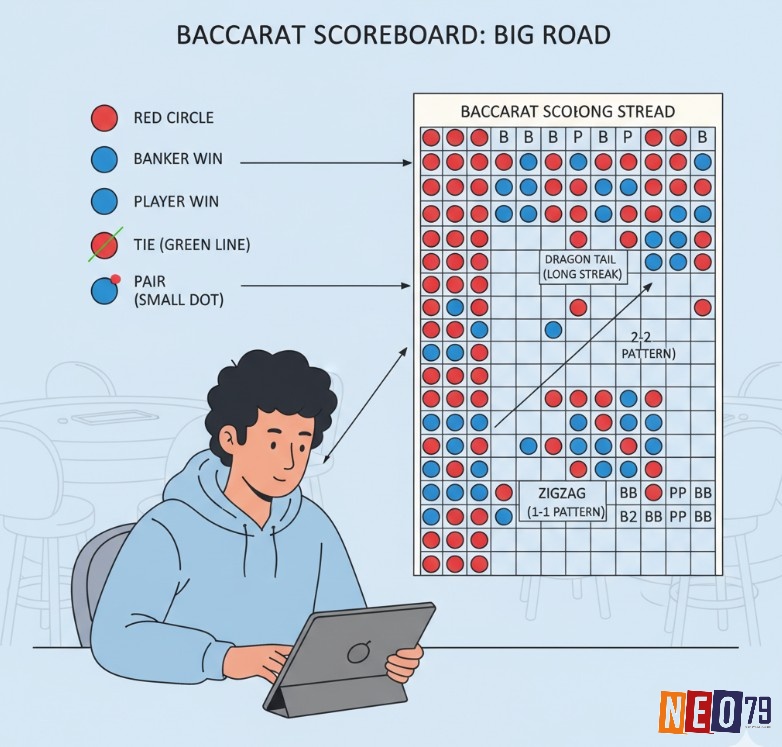 Người chơi Baccarat phân tích Big Road, hiểu ý nghĩa vòng tròn đỏ/xanh dương, gạch chéo xanh lá, chấm tròn để nhận diện cầu bệt, 1-1, 2-2
