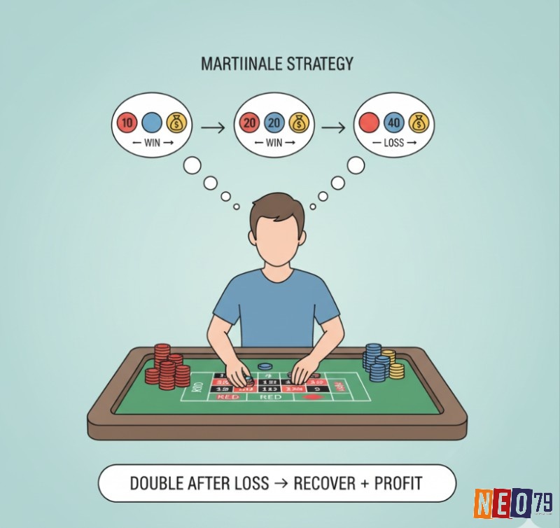Người chơi tìm hiểu chiến thuật roulette martingale, tăng gấp đôi tiền cược sau mỗi lần thua, để bù lỗ và thu lợi nhuận nhỏ