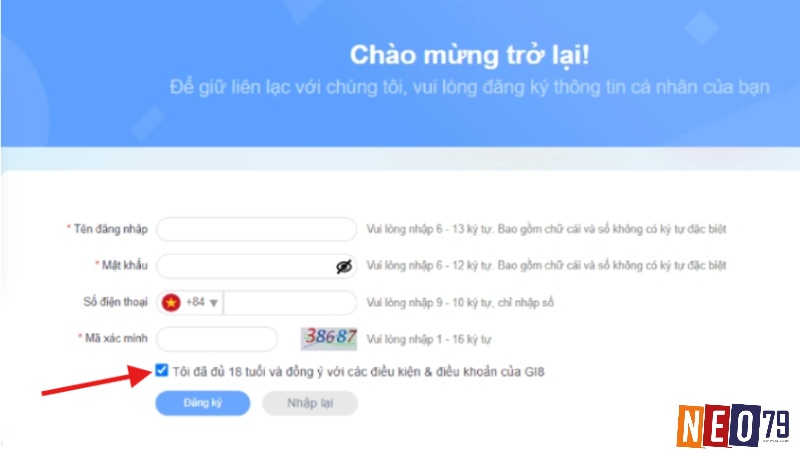 Người dùng hoàn tất đăng ký tài khoản Gi8 bằng cách đọc kỹ điều khoản, xác nhận đồng ý, và nhập mã OTP để kích hoạt