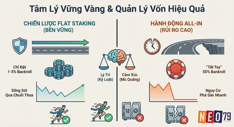 Bảng so sánh chiến lược quản lý vốn hiệu quả (Flat Staking 1-5% Bankroll) vs hành động All-in cảm xúc (50% Bankroll) khi chơi kèo bóng đá là gì?