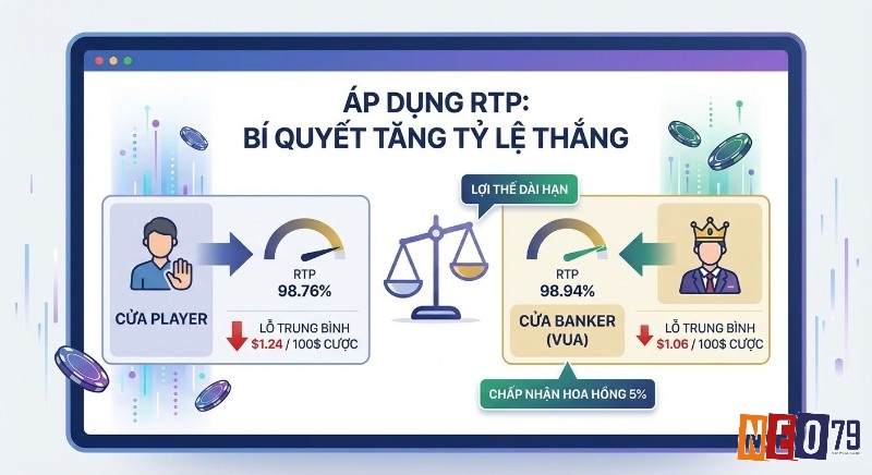 Bảng so sánh RTP Player (98.76%) và Banker (98.94%) minh họa bí quyết tăng tỷ lệ thắng bền vững qua lợi thế dài hạn