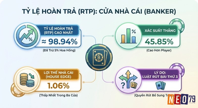 Phân tích ưu điểm cửa Nhà Cái Banker trong baccarat với RTP cao nhất 98.94% và House Edge thấp nhất 1.06% nhờ luật rút bài thứ 3