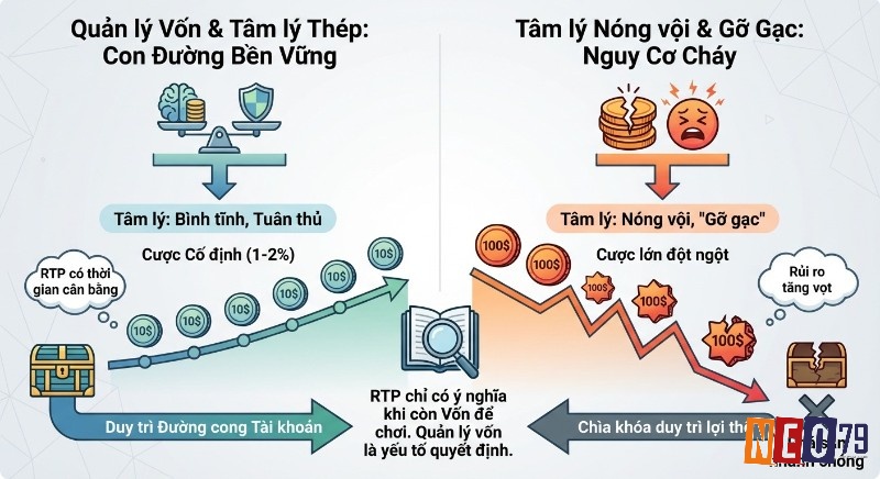 Sơ đồ minh họa quản lý vốn và tâm lý thép tạo con đường bền vững, giúp RTP phát huy giá trị, tránh nguy cơ cháy tài khoản do nóng vội