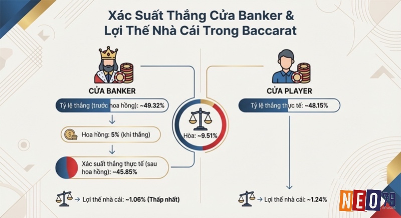 Tổng quan xác suất Banker thắng và Player, lợi thế nhà cái trong Baccarat; Banker có house edge 1.06% thấp nhất dù mất 5% hoa hồng