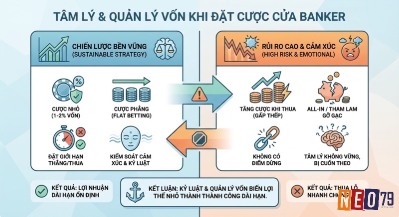 Bảng so sánh chiến lược quản lý vốn và tâm lý khi đặt cược Banker: ưu tiên cược nhỏ, cược phẳng, kiểm soát cảm xúc để đạt lợi nhuận dài hạn
