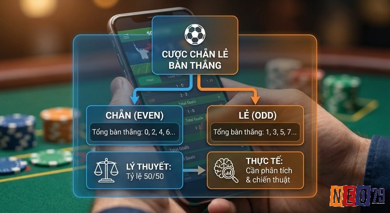 Sơ đồ giải thích cược chẵn lẻ bàn thắng: phân loại tổng bàn thắng chẵn/lẻ, lý thuyết 50/50 và thực tế cần phân tích, chiến thuật trong cược chẵn lẻ bàn thắng là gì