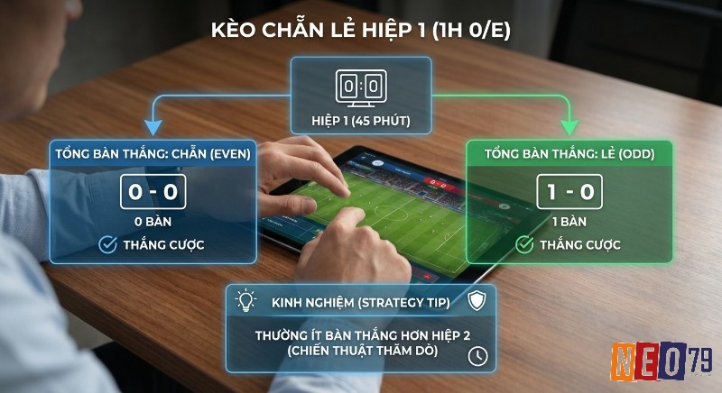 Giải thích kèo chẵn lẻ bàn thắng hiệp 1 rõ ràng qua ví dụ 0-0 chẵn, 1-0 lẻ, kèm chiến lược thăm dò