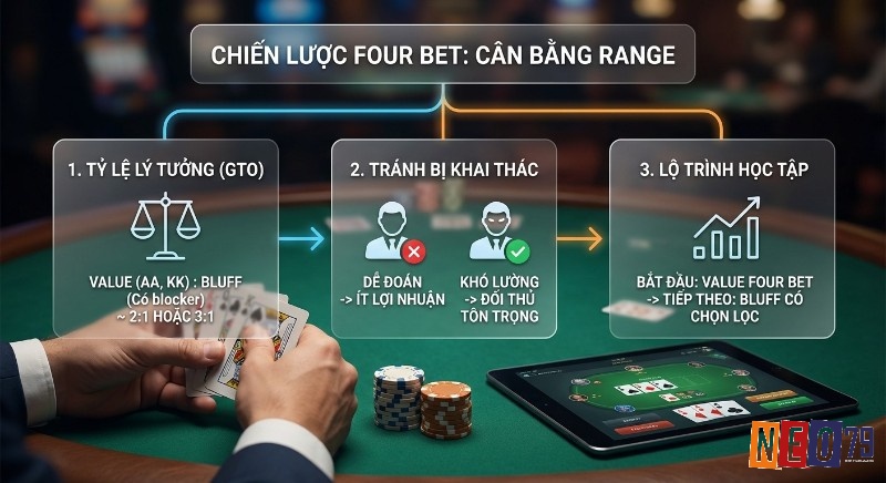 Chiến lược Four Bet cân bằng Range theo 3 bước: xác định tỷ lệ GTO, tránh bị khai thác và lộ trình học tập hiệu quả