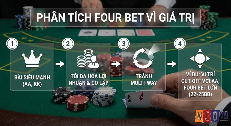 Quy trình 4 bước phân tích Four Bet giá trị trong tình huống thực chiến với AA, KK để tối ưu lợi nhuận và cô lập