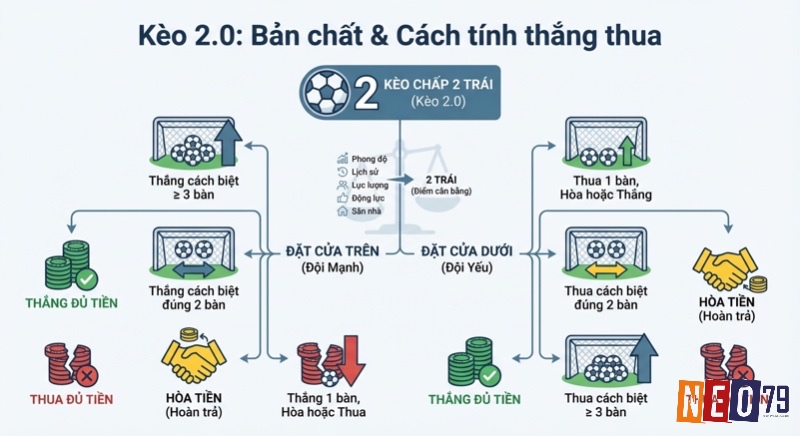 Hướng dẫn chi tiết cách tính thắng thua kèo 2.0 (kèo chấp 2 trái) cho cửa trên và cửa dưới theo bàn thắng cách biệt trong kèo 2.0 là gì