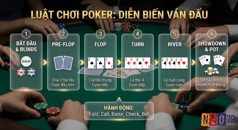 Tổng quan luật chơi Poker với 6 bước diễn biến chính từ Blinds, Pre-flop, Flop, Turn, River đến Showdown