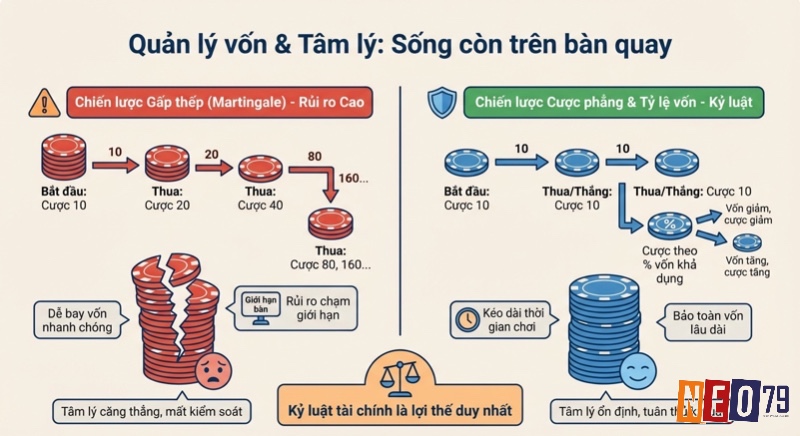 So sánh chiến lược quản lý vốn: Martingale rủi ro làm cạn vốn nhanh và cược phẳng kỷ luật bảo toàn vốn, giữ tâm lý ổn định trong Roulette là gì