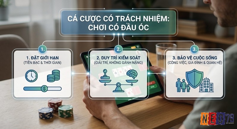 Quy trình 3 bước cốt lõi để cá cược có trách nhiệm là gì, giữ đầu óc tỉnh táo: đặt giới hạn, duy trì kiểm soát và bảo vệ cuộc sống
